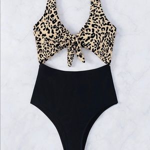 Leopard Cut-out Knot Front One Piece Swimsuit